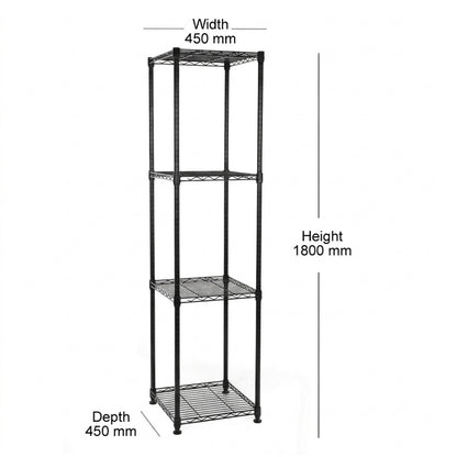 4 Tier Square Black Wire Shelving Unit - H1800 x W450 x D450mm
