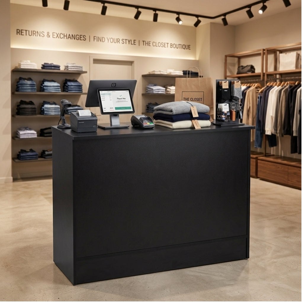 A modern black retail counter with a computer monitor, cash register, and folded garments, set inside a boutique with clothing racks and shelves in the background.