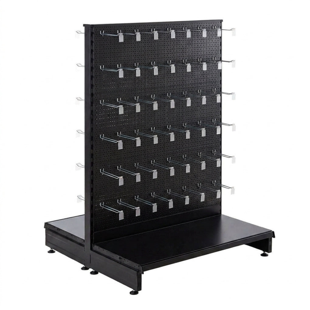 Black Modular Gondola Unit - Perforated Back Panels, Euro Hooks, Tickets Holders
