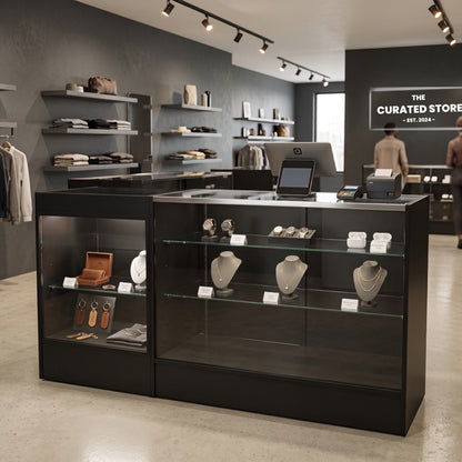 Black Shop Counter With 3/4 Glass Display and Glass Front Till Unit Bundle - Silhouette Range
