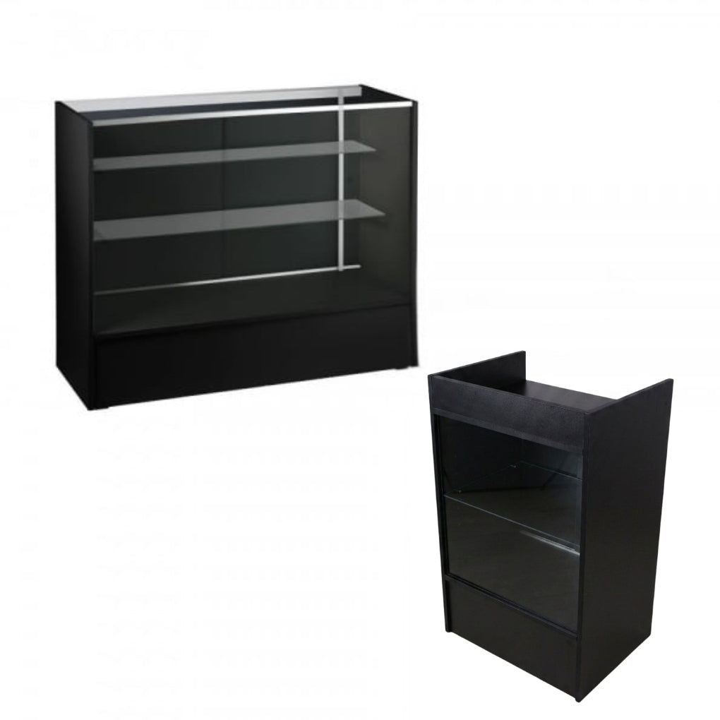 Black Shop Counter With 3/4 Glass Display and Glass Front Till Unit Bundle - Silhouette Range