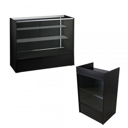 Black Shop Counter With 3/4 Glass Display and Glass Front Till Unit Bundle - Silhouette Range