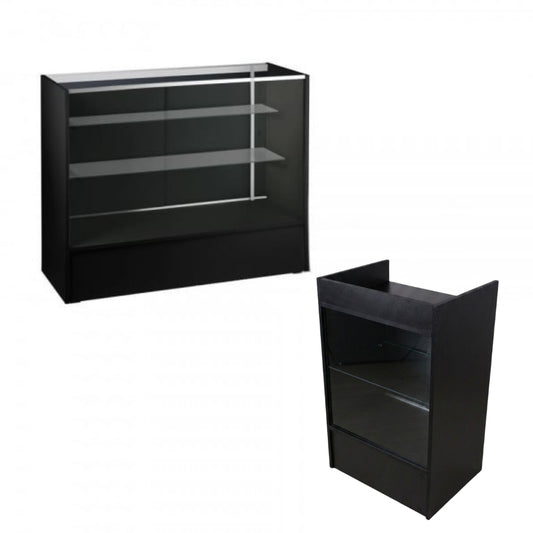Black Shop Counter With 3/4 Glass Display and Glass Front Till Unit Bundle - Silhouette Range