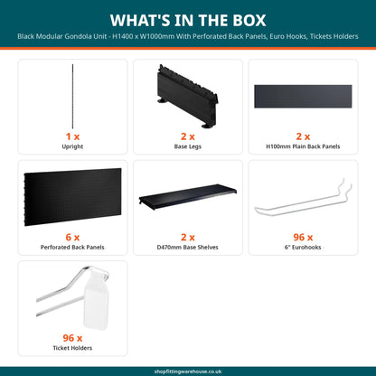 Black Modular Gondola Unit - H1400 x W1000mm With Perforated Back Panels, Euro Hooks, Tickets Holders