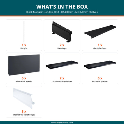 Black Modular Gondola Unit - H1400mm - 6 x 370mm Shelves