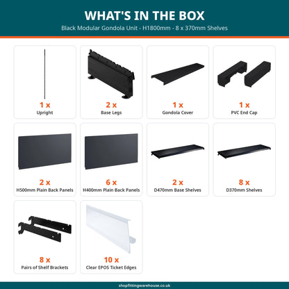 Black Modular Gondola Unit - H1800mm - 8 x 370mm Shelves