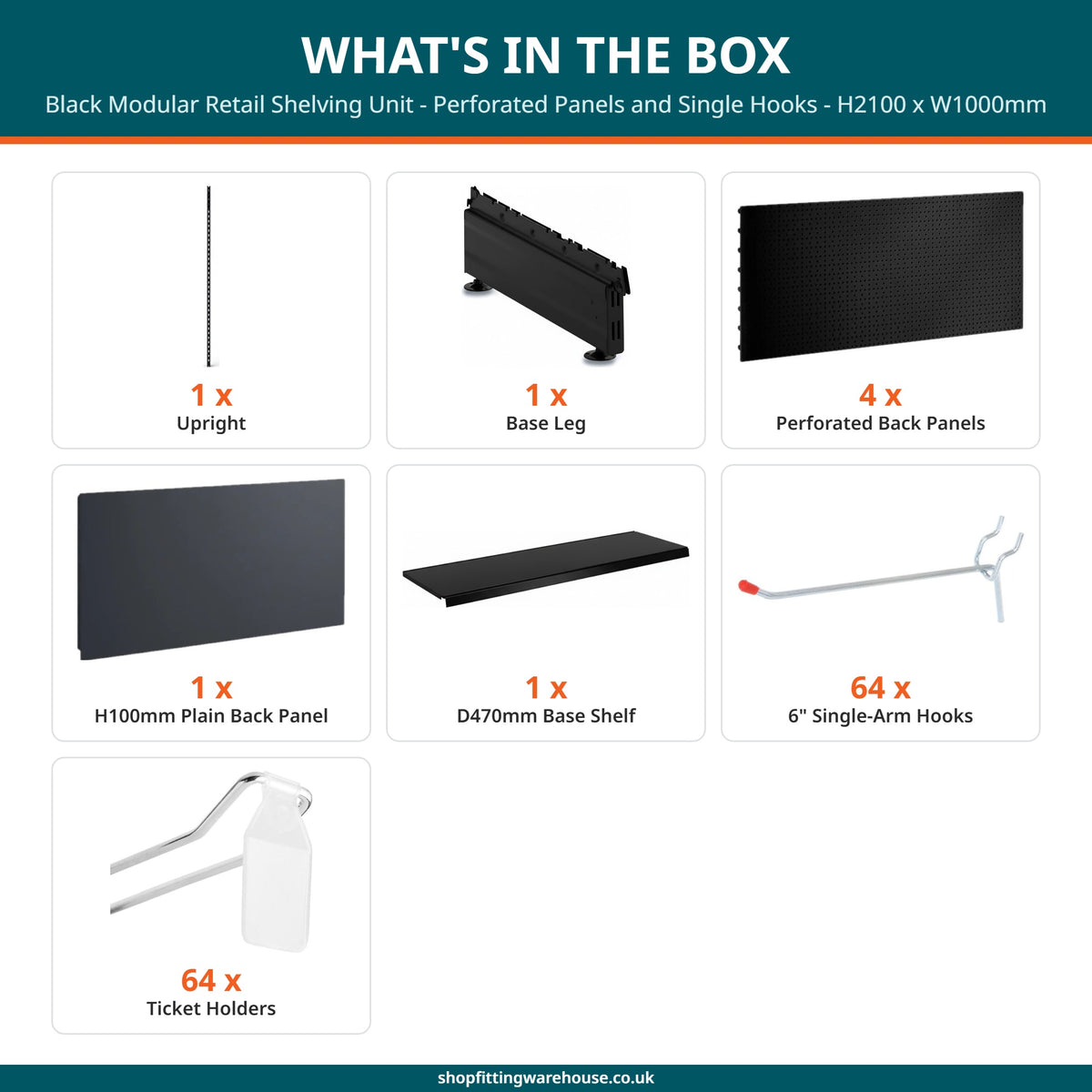 Black Modular Retail Shelving Unit - Perforated Panels and Single Hooks - H2100 x W1000mm