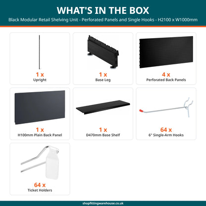 Black Modular Retail Shelving Unit - Perforated Panels and Single Hooks - H2100 x W1000mm