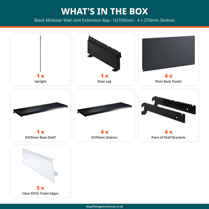 Black Modular Wall Unit Extension Bay - H2100mm - 4 x 370mm Shelves