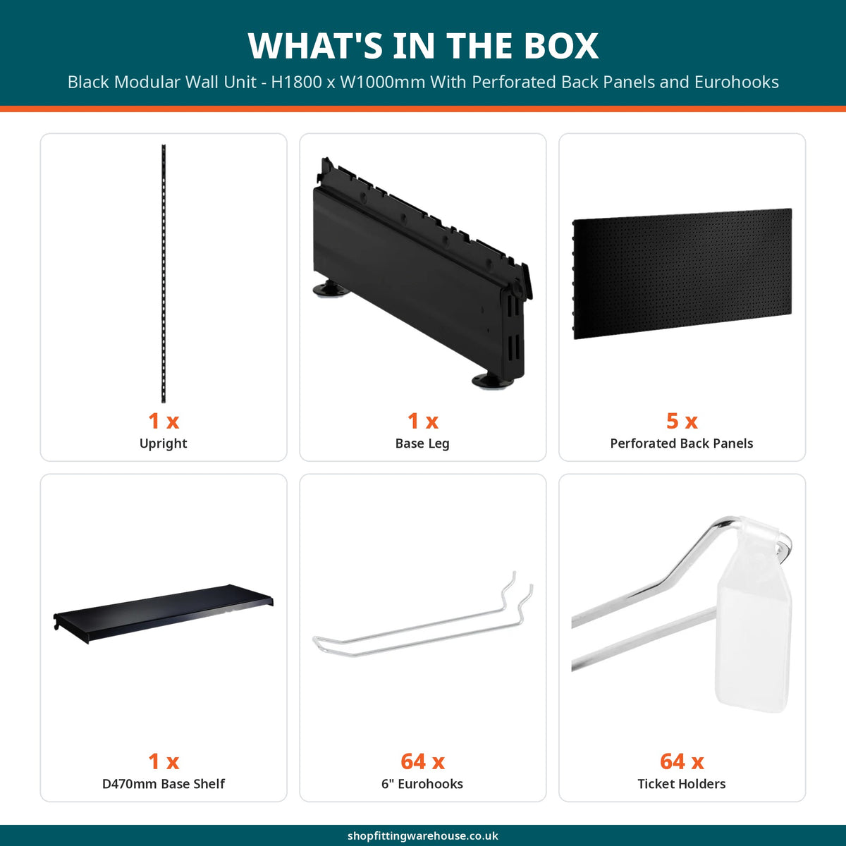 Black Modular Wall Unit - H1800 x W1000mm With Perforated Back Panels and Eurohooks