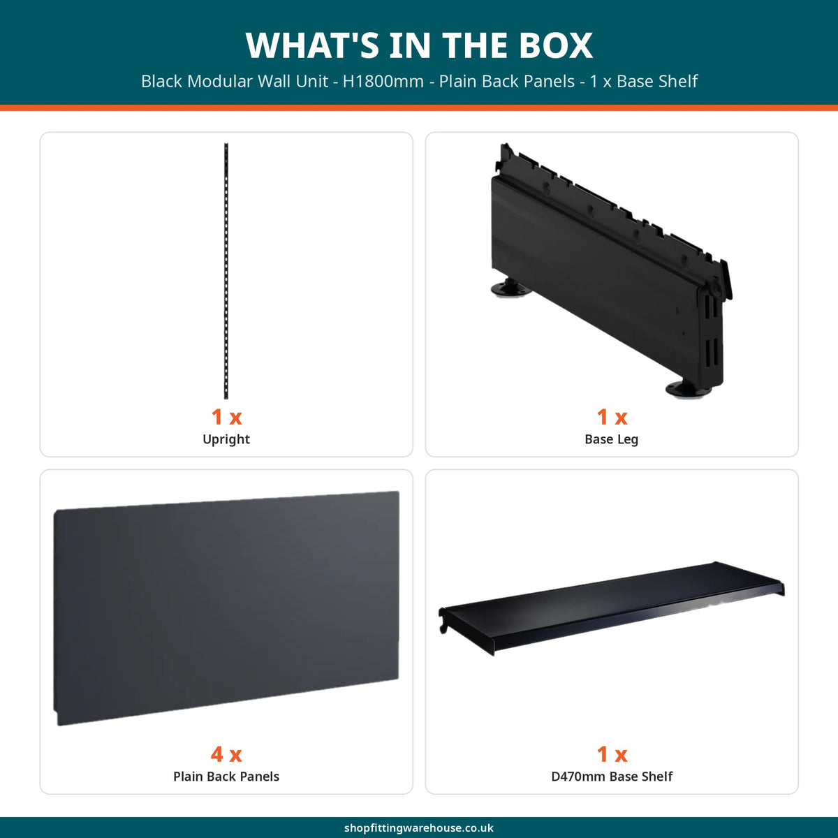 Black Modular Wall Unit - H1800mm - Plain Back Panels - 1 x Base Shelf