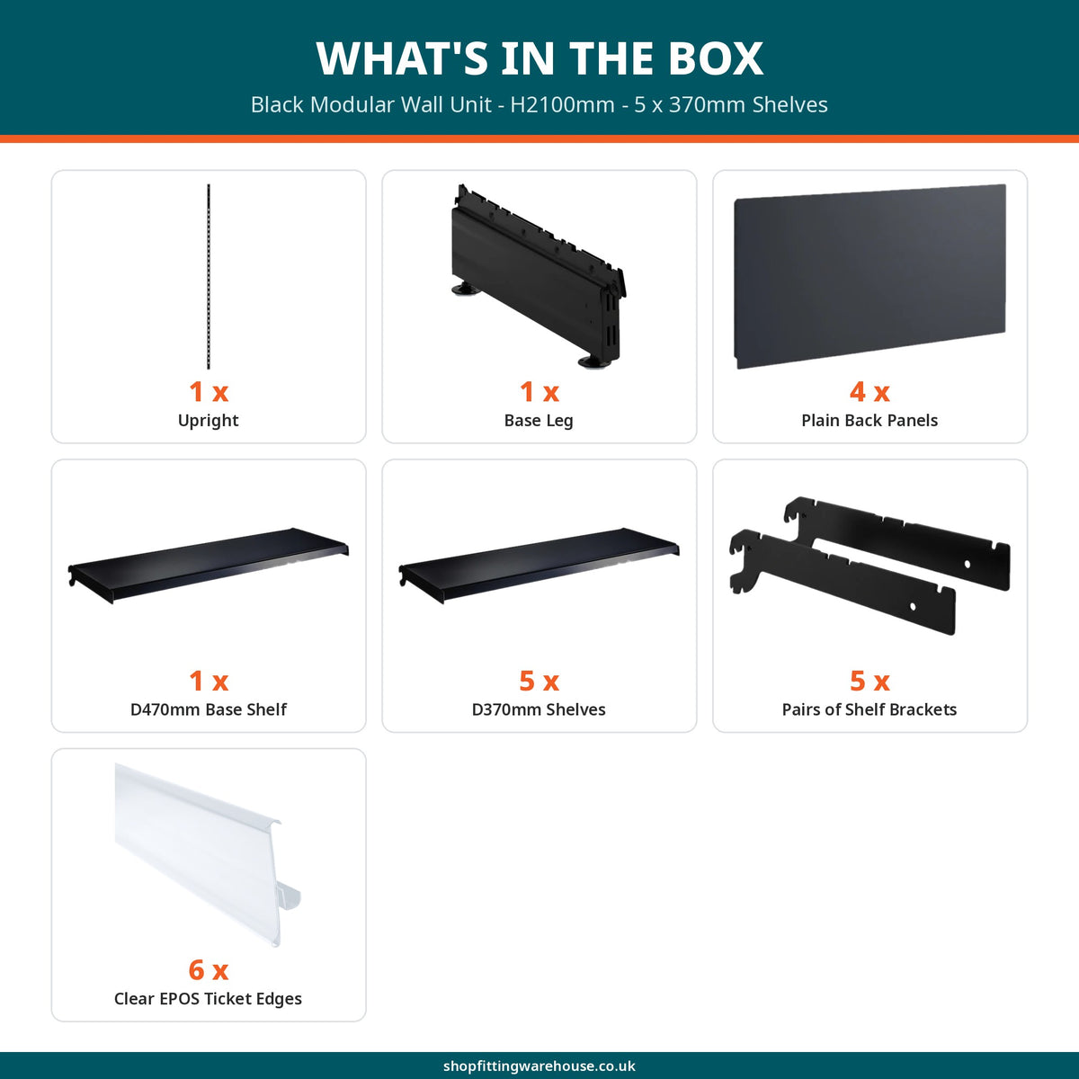 Black Modular Wall Unit - H2100mm - 5 x 370mm Shelves