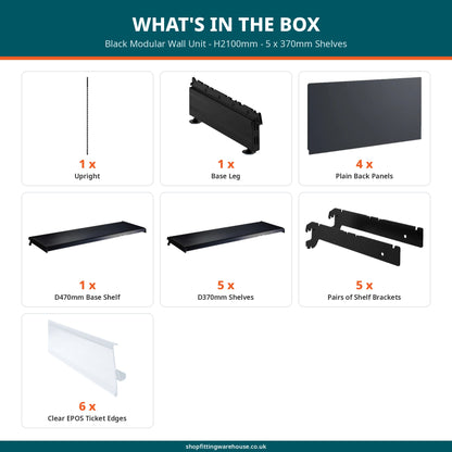 Black Modular Wall Unit - H2100mm - 5 x 370mm Shelves