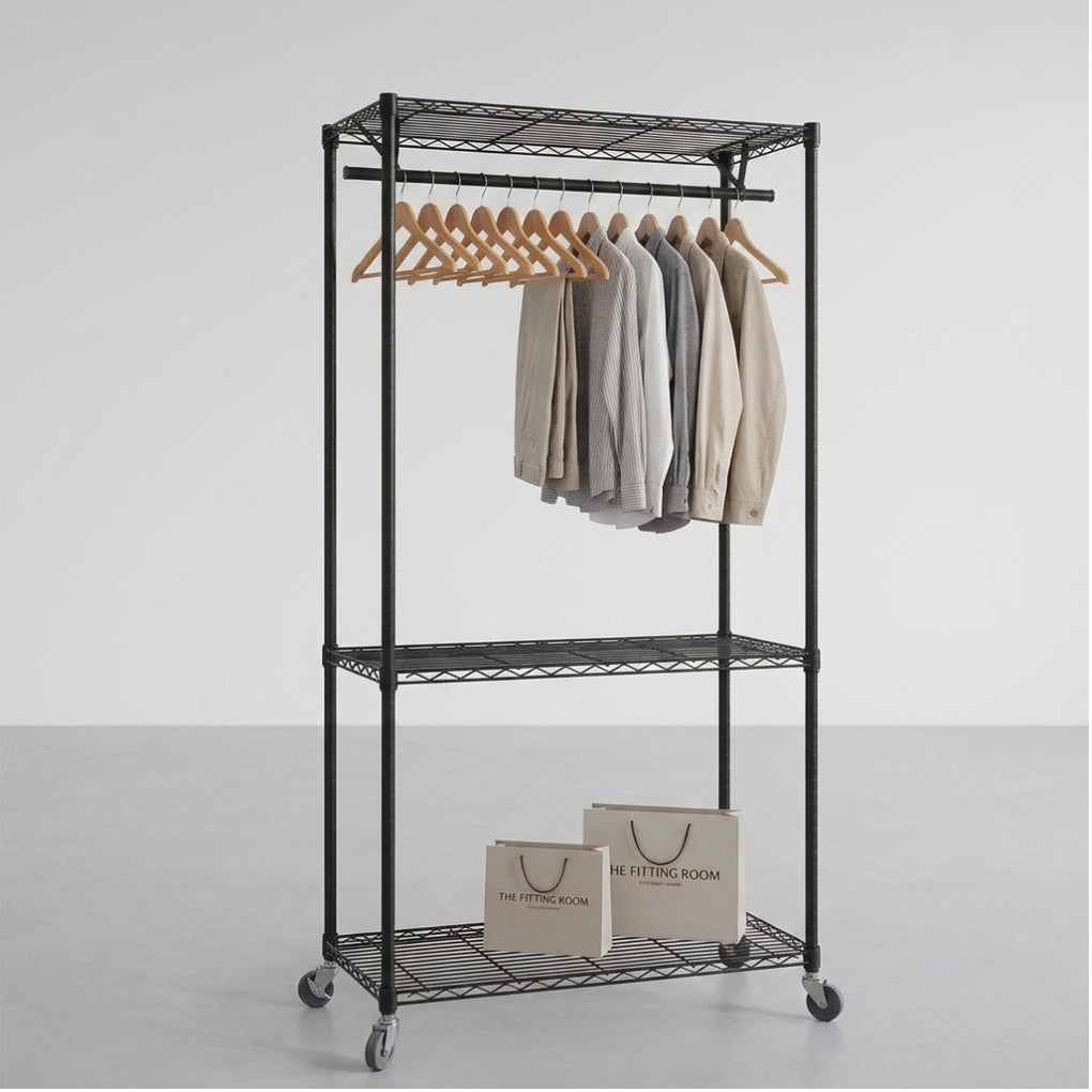 Black Wire Clothes Rack with Wheels - H1875mm - 1 x Rail & 3 x Shelves