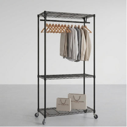 Black Wire Clothes Rack with Wheels - H1875mm - 1 x Rail & 3 x Shelves