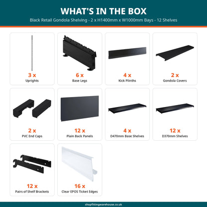 Black Retail Gondola Shelving - 2 x H1400mm x W1000mm Bays - 12 Shelves