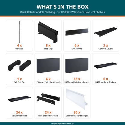 Black Retail Gondola Shelving - 3 x H1800 x W1250mm Bays - 24 Shelves