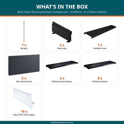 Black Retail Shelving Modular Gondola Unit - H1400mm - 8 x 370mm Shelves