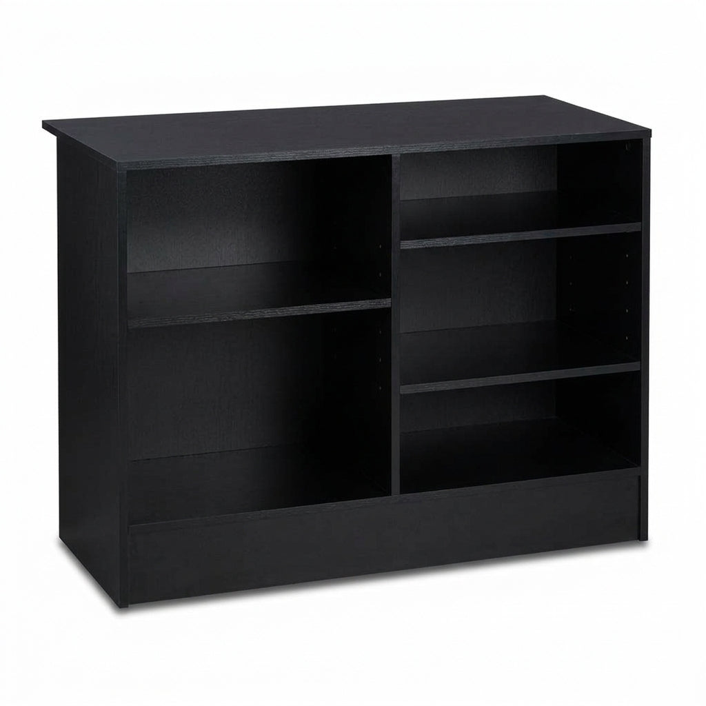 2 x Black Shop Counters and 1 x Corner Display Unit with Wooden Shelves Bundle