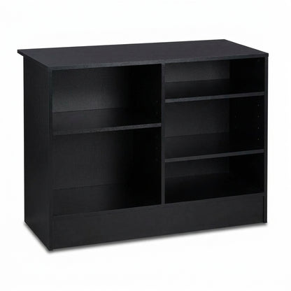 2 x Black Shop Counters and 1 x Corner Display Unit with Wooden Shelves Bundle