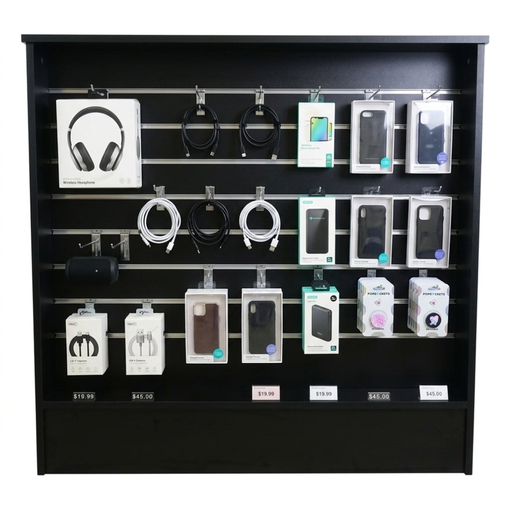 Black Shop Counter with Slatwall Front & Aluminium Inserts - Silhouette Range
