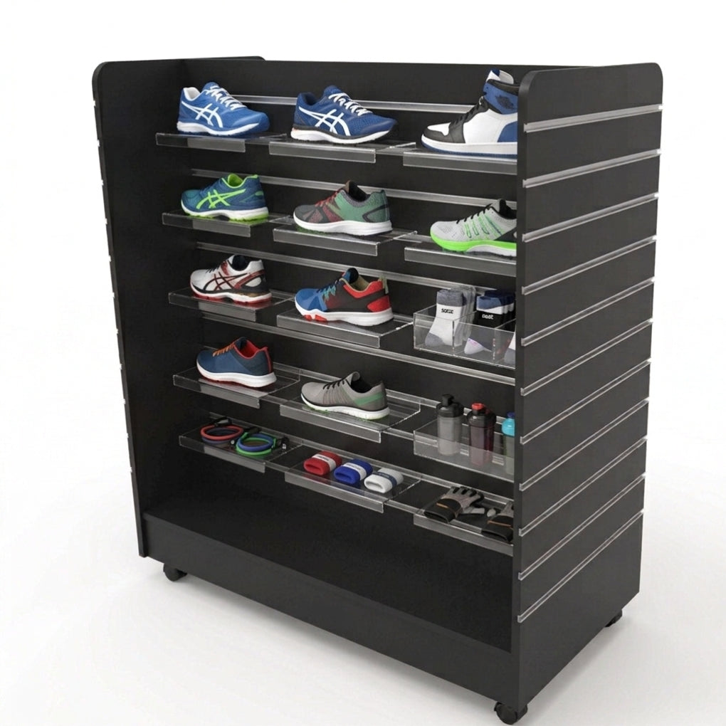 Black Mobile Slatwall 'H'  Display Gondola with Castor Wheels & Aluminium Inserts - Silhouette Range