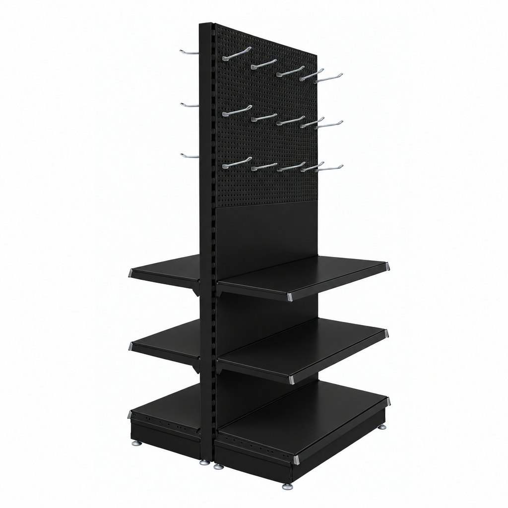Black Double-Sided Trade & Exhibition Gondola - H2100 x W1000mm - 64 Hooks