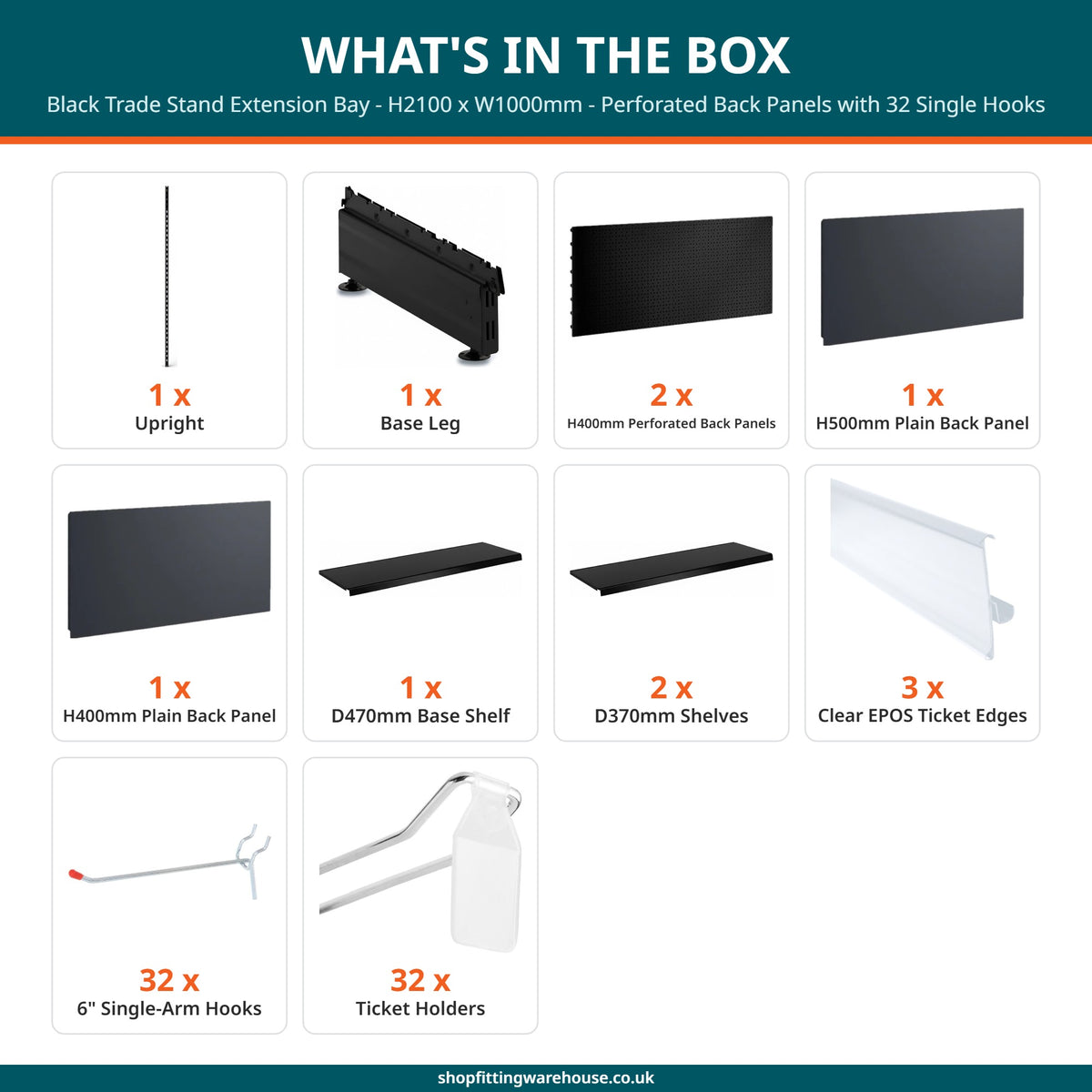 Black Trade Stand Extension Bay - H2100 x W1000mm - Perforated Back Panels with 32 Single Hooks
