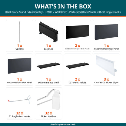 Black Trade Stand Extension Bay - H2100 x W1000mm - Perforated Back Panels with 32 Single Hooks