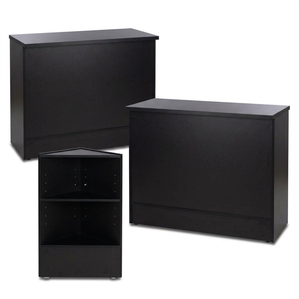 2 x Black Shop Counters and 1 x Corner Display Unit with Wooden Shelves Bundle