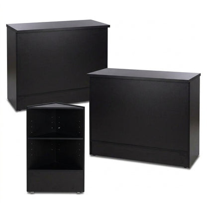 2 x Black Shop Counters and 1 x Corner Display Unit with Wooden Shelves Bundle