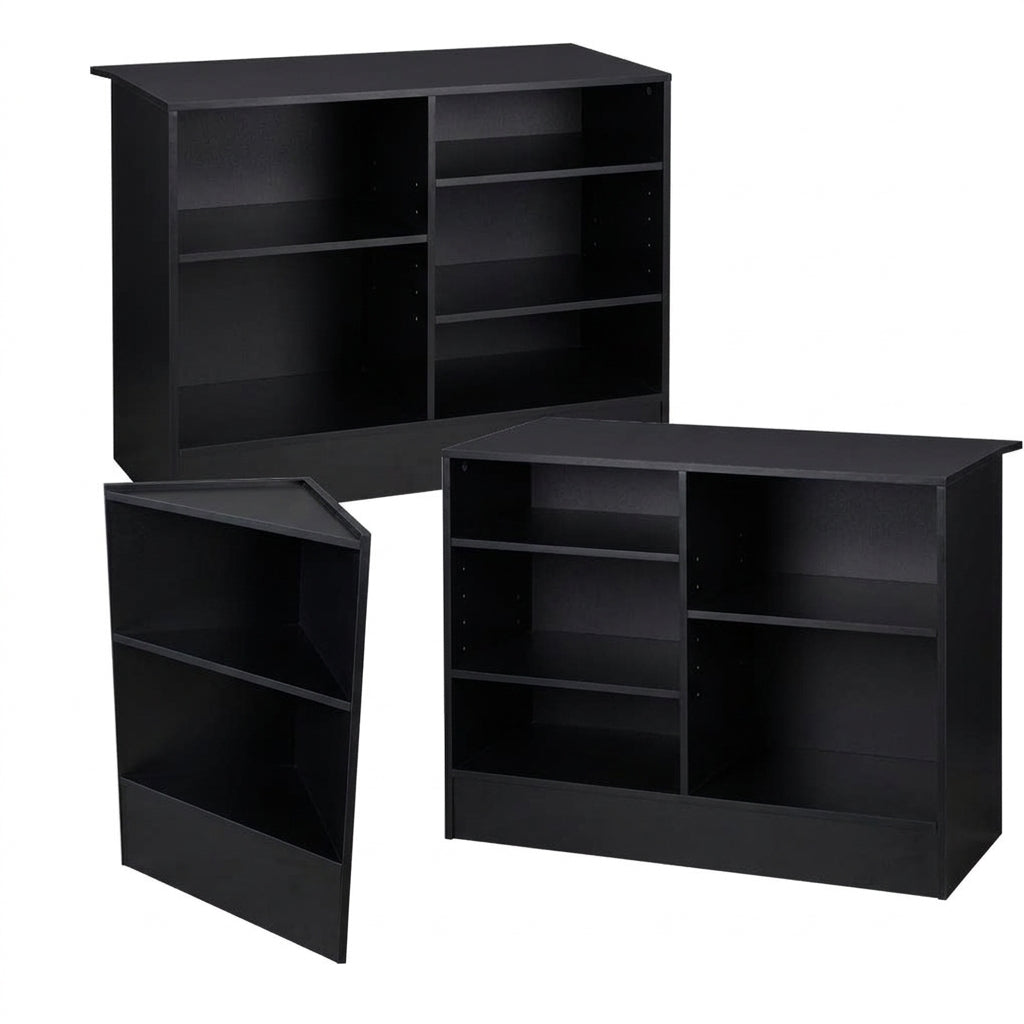 2 x Black Shop Counters and 1 x Corner Display Unit with Wooden Shelves Bundle
