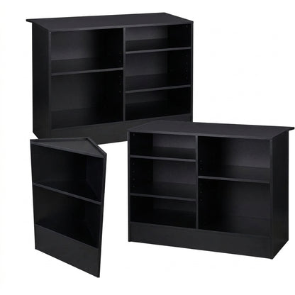 2 x Black Shop Counters and 1 x Corner Display Unit with Wooden Shelves Bundle