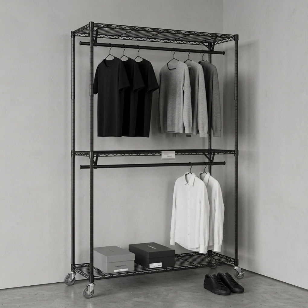 Black Wire Clothes Rack with Wheels - H2175mm - 2 x Rail & 3 x Shelves