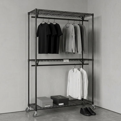 Black Wire Clothes Rack with Wheels - H2175mm - 2 x Rail & 3 x Shelves