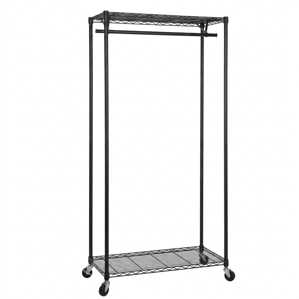 Black Wire Clothes Rack with Wheels - H1875mm - 1 x Rail & 2 x Shelves