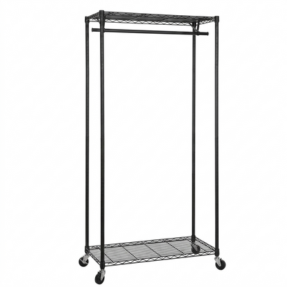 Black Wire Clothes Rack with Wheels - H1875mm - 1 x Rail & 2 x Shelves