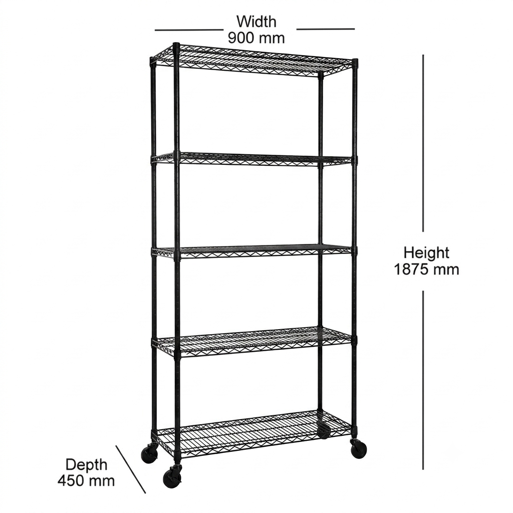 5 Tier Black Wire Shelving Unit with Wheels - H1875mm