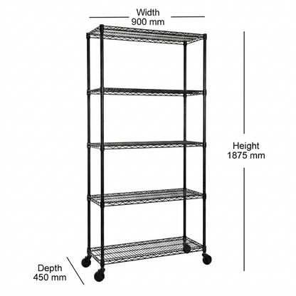 5 Tier Black Wire Shelving Unit with Wheels - H1875mm