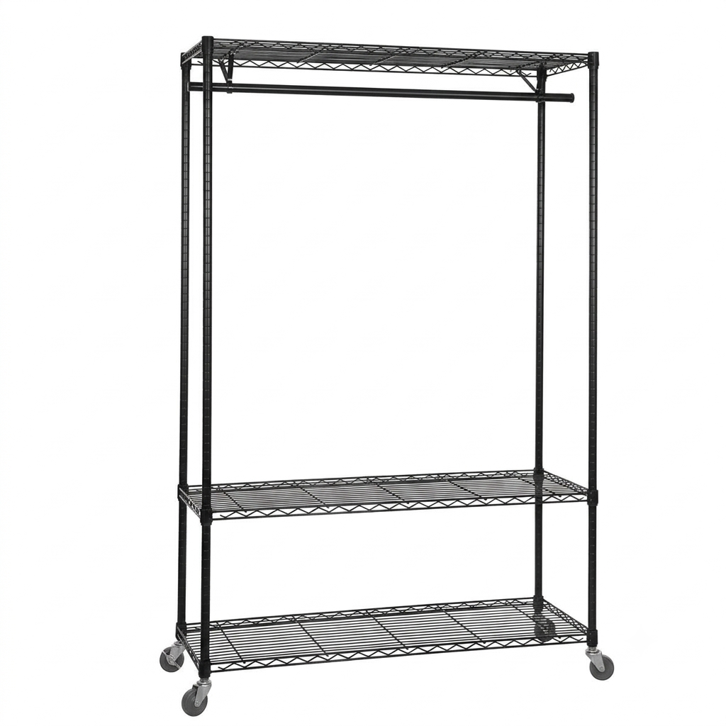 Black Wire Clothes Rack with Wheels - H1875mm - 1 x Rail & 3 x Shelves