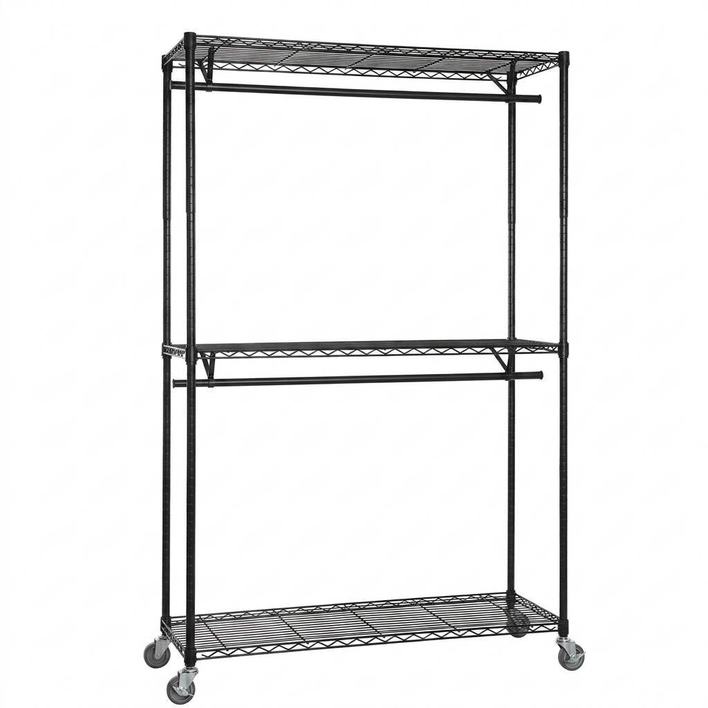 Black Wire Clothes Rack with Wheels - H2175mm - 2 x Rail & 3 x Shelves