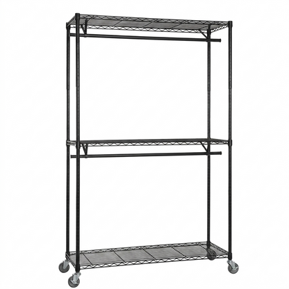 Black Wire Clothes Rack with Wheels - H2175mm - 2 x Rail & 3 x Shelves