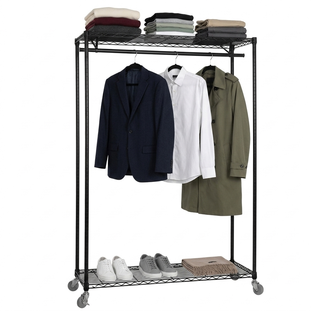 Black Wire Clothes Rack with Wheels - H1875mm - 1 x Rail & 2 x Shelves