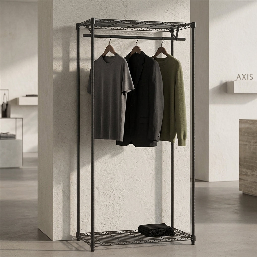 Black Wire Clothes Rack - H1800mm- 1 x Rail & 2 x Shelves