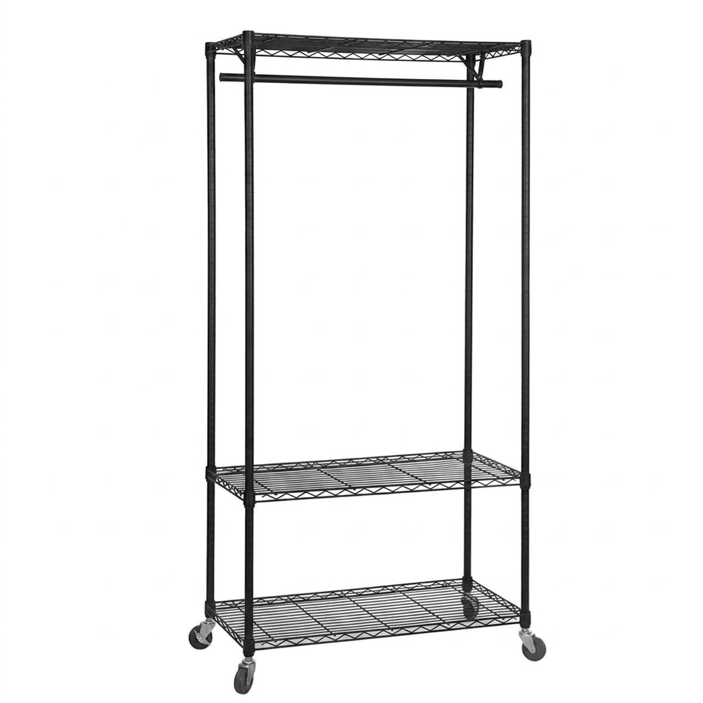 Black Wire Clothes Rack with Wheels - H1875mm - 1 x Rail & 3 x Shelves