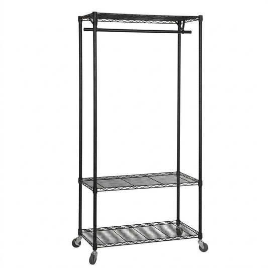 Black Wire Clothes Rack with Wheels - H1875mm - 1 x Rail & 3 x Shelves