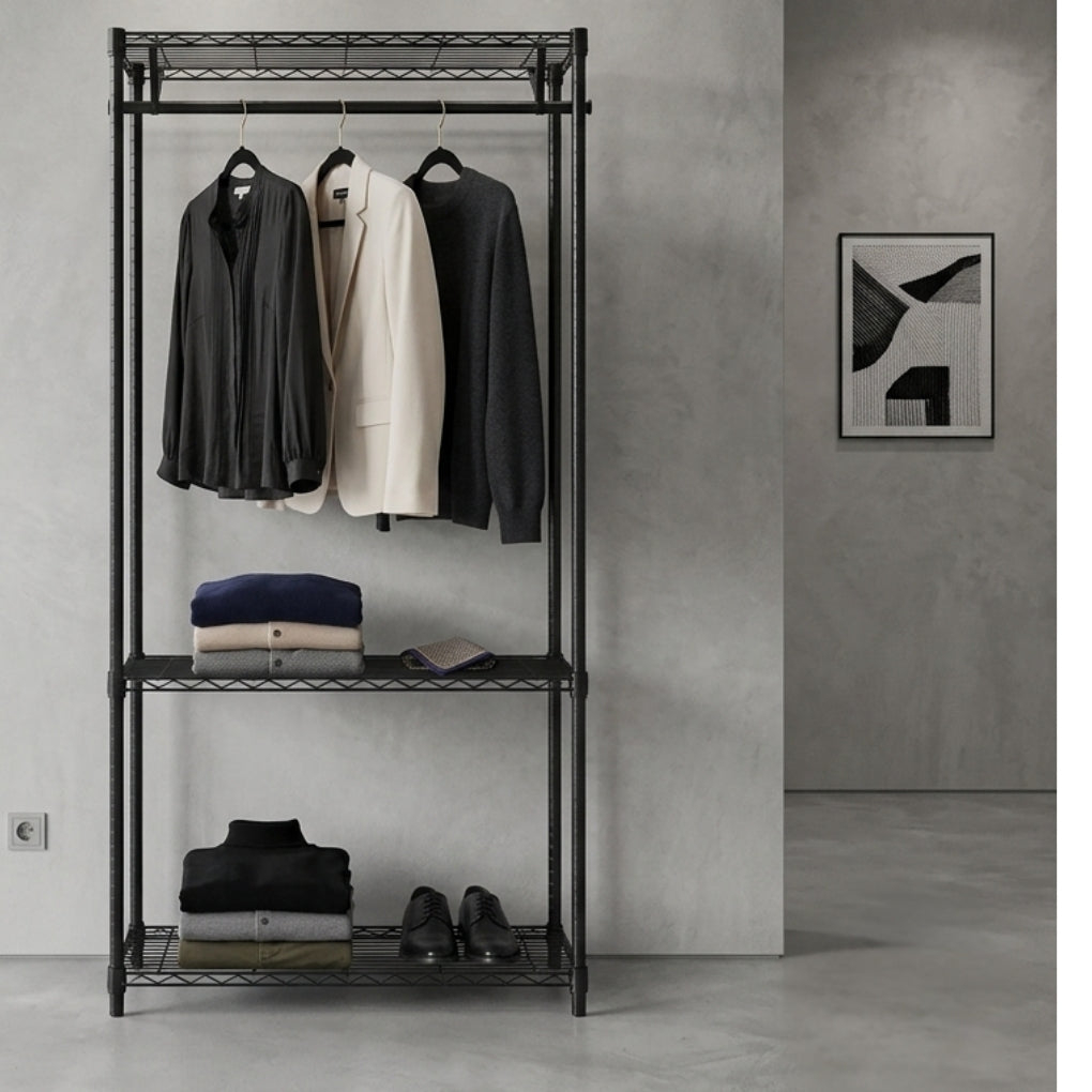 Black Wire Clothes Rack - H1800mm- 1 x Rail & 3 x Shelves