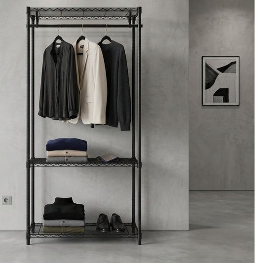 Black Wire Clothes Rack - H1800mm- 1 x Rail & 3 x Shelves