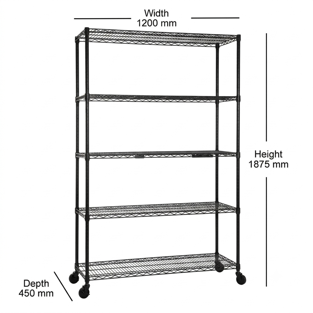 5 Tier Black Wire Shelving Unit with Wheels - H1875mm