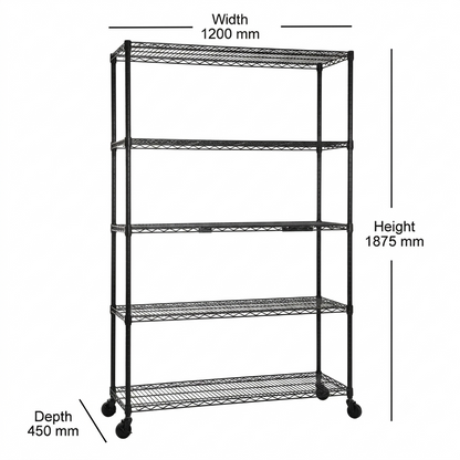 5 Tier Black Wire Shelving Unit with Wheels - H1875mm